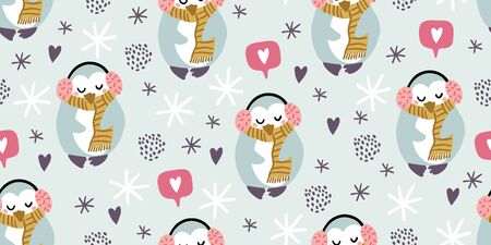 Cute penguins with headphones, heart emoji bubble, hearts, snowflakes seamless pattern in minimalistic scandinavian style on light blue. Penguin character doodle. Winter kids seamless patternのイラスト素材