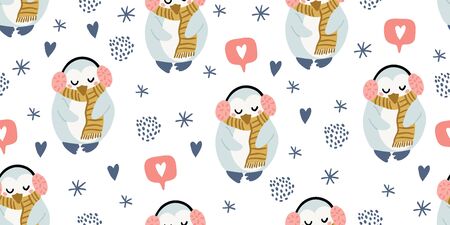 Cute penguins with headphones, heart emoji bubble, hearts, snowflakes seamless pattern in minimalistic scandinavian style on white. Penguin character doodle. Winter kids seamless patternのイラスト素材