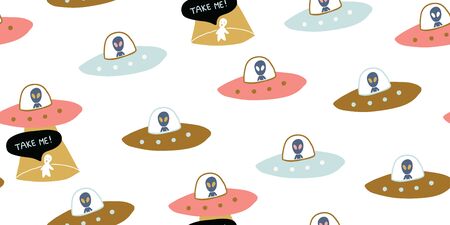 Childish seamless pattern with hand drawn cosmos ufo alien spaceships with take me speech bubbles. Trendy kids vector background in scandinavian style. 90s geek nerd pattern. Vectorのイラスト素材