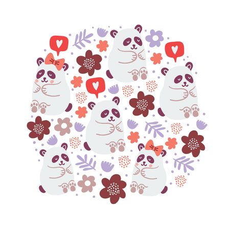 circle illustration of cute pandas couples in love with flowers, speech bubble with love emoji, polka dots isolated on white background. Square poster design with cute animals. Valentines day postcardのイラスト素材