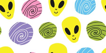 childish seamless pattern with hand drawn cosmos ufo alien spaceships, planets, satellites, galaxies, constellations. Trendy kids vector background in doodle style. sci-fi kids patternのイラスト素材