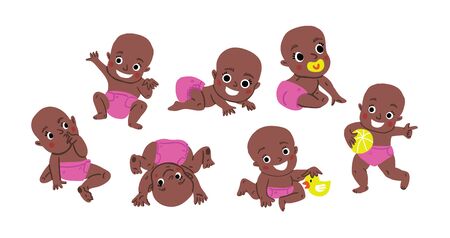 Cute baby or toddler vector illustration in various poses such as standing, sitting, playing, crawling. Baby shower illustration. Dark skin African cute baby girl activitiesのイラスト素材