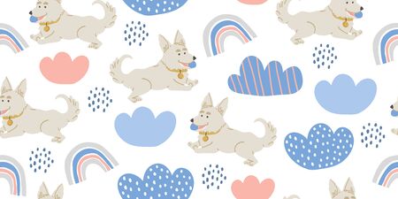 Vector seamless pattern with cute corgi dogs with ball, clouds, rainbows on white. Nursery, textile, fabric design for kids, boys, girls. Scandinavian style textile. Dog, puppies illustrations.のイラスト素材