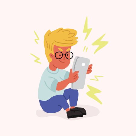 Vector illustration of the boy playing gadget isolated on light background. Cute cartoon illustration of the toddler with the tablet and flash signs. kids with gadgets concept in cartoon styleのイラスト素材