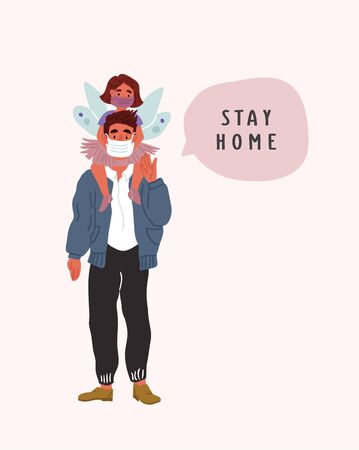 Father holding daughter on shoulders wearing breathing face masks with speech bubble. Father and child in self isolation. Modern covid concept illustration of people social isolation. coronavirusのイラスト素材