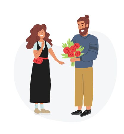 Vector illustration of cute couple on date. Man gifting flowers bouquet to woman. Cartoon romantic couple, date illustration. Valentines day couple illustrationのイラスト素材