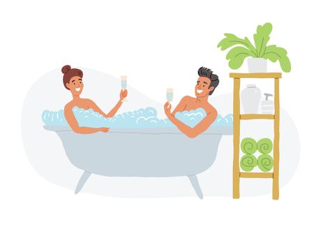 Vector illustration of cute couple taking bath together. Cartoon romantic couple. Man and woman smiling holding glass of shampagne and lying in bath with bubbles. Valentines day couple illustrationのイラスト素材