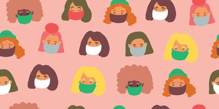 Seamless pattern with people faces wearing cute breathing face masks. Breathing face masks. Modern covid-19 seamless pattern of people social isolation. coronavirusのイラスト素材