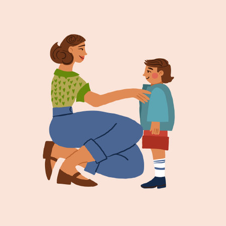 Mother helping son to get dressed. Mother and son illustration on light background.のイラスト素材