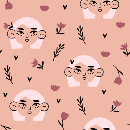 Vector seamless pattern with blond hair girl portraits. Red hair women. Spring girl pattern on light background.のイラスト素材