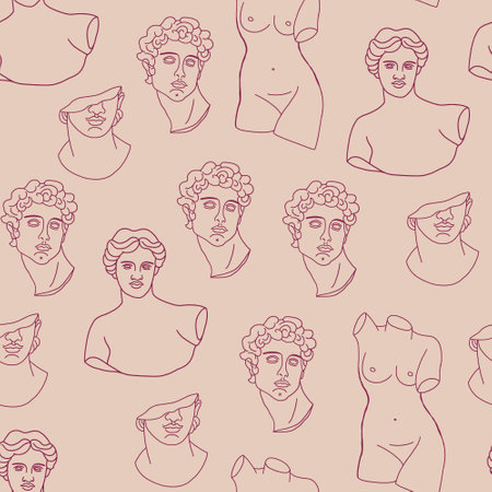 Abstract seamless pattern with antique elements,Greek Gods and Goddess sculpture drawing, pillar, shapes, sun, moon, leaves. Minimal line art and hand drawn illustrations.のイラスト素材
