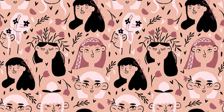 Rose flowers. Blossom with cute female faces. Flower bloom with beautiful women portraits. Various pretty young ladies. Stylish characters. Hand drawn Vector seamless Pattern. Blue backgroundのイラスト素材