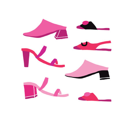 Women shoes collection. Various types of female shoes boots, stilettos, wedgies, sandals, sneakers, flats, vector sketch illustration, isolated on white background.のイラスト素材