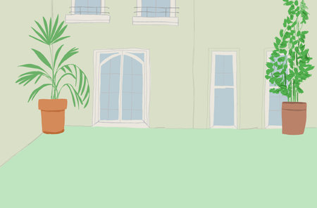 City street with park and buildings behind fence. Vector cartoon illustration of summer landscape with road, sidewalk, green bushes and trees and houses on horizonのイラスト素材