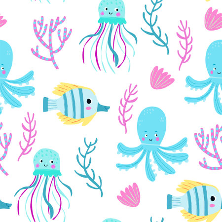 Octopus seamless pattern. Narwhal and turtle, cartoon cat with fish tail. Cute sea creature, fabric print with beautiful mythical creatures, nowaday vector backgroundのイラスト素材