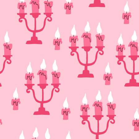 Chandelier with candles pink pattern. Romantic valentines day pattern on pink backgroundのイラスト素材