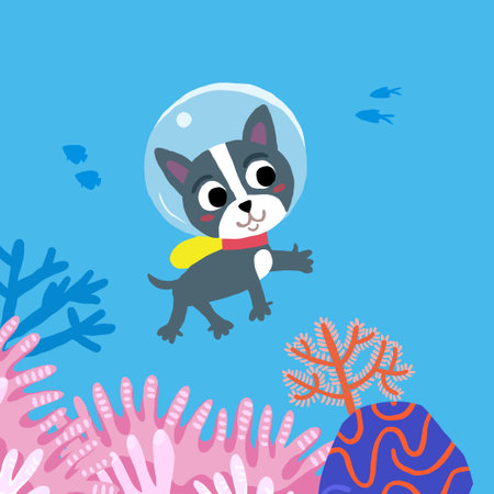 Cute childrens illustration with the dog diving along coral reefs, cute dog character. Underwater childrens sceneのイラスト素材