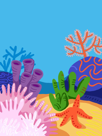 Underwater scene background with coral reads, rocks, corals, seastar. Kids illustration background under the sea. Coral reaf background in cartoon styleのイラスト素材
