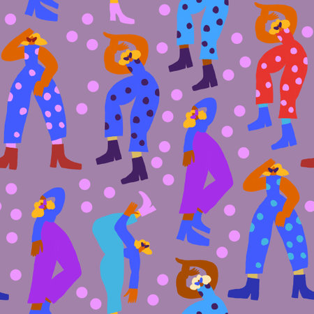 Vector seamless pattern with dancing disco people wearing colorful clothes, 80s vintage style...