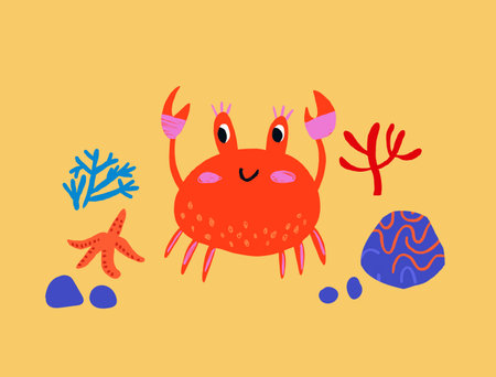 Cute children illustration of the crab on the sand. Crab character in hand drawn style. Beach children illustration with crab, sea star, rocks, corals on orange background.のイラスト素材