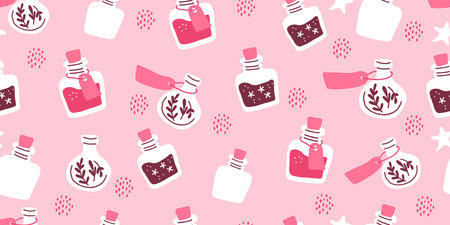 Pink pattern with potion bottles. Witch pattern in hand drawn style, suitable for pink Halloween party, valentines dayのイラスト素材