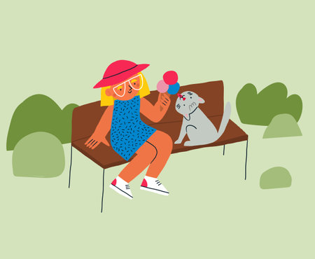 Cute children illustration with little girl eating ice cream in the park with the cat. Picture book illustration in cartoon flat styleのイラスト素材