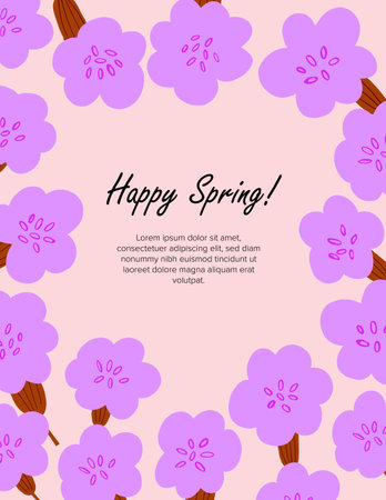 Spring postcard design with simple doodle flowers frame on pink background. Easter postcard with flowersのイラスト素材