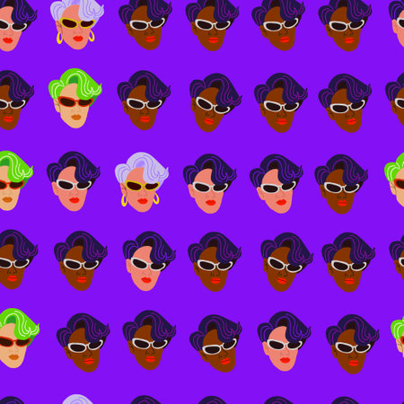 Vector seamless pattern with stylish woman in glasses with colorful hair. Fashion woman face pattern on neon violetのイラスト素材