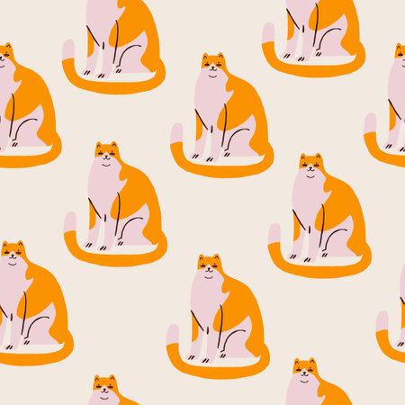 Seamless vector pattern featuring cute cartoon cats with orange and pink coloring on a light background. Perfect for textiles, and playful wrapping paper with a fun, whimsical styleのイラスト素材
