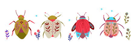 Stylish vector set of bugs, insects, and moths with greenery accents. Perfect for clip art, digital designs, nature-themed projects, or creative backgrounds with a modern botanical vibeのイラスト素材