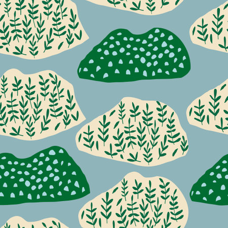 Abstract pattern featuring shapes, dots, and leaves on a pale blue background, resembling artistic mountains. Perfect for modern decor, textiles, wallpapers, and creative design projectsのイラスト素材