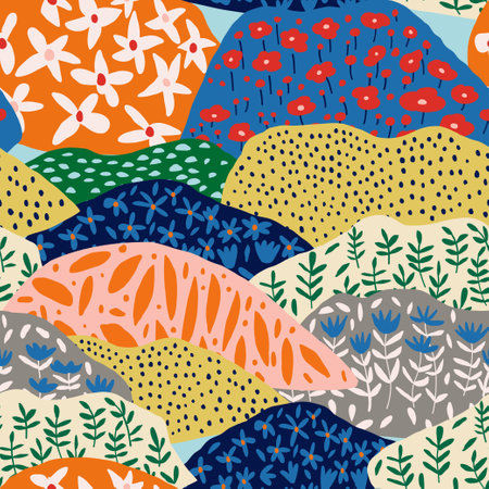 Abstract mountain landscape with intricate patchwork-style patterns. A modern, artistic composition perfect for backgrounds, wallpapers, textile designs, and creative projects with a geometric touchのイラスト素材