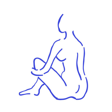 Elegant female silhouette sketch in trendy blue tones on a white background. A professional, minimalistic art piece perfect for modern decor, fashion projects, and stylish design collectionsのイラスト素材