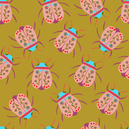 Stylish pattern featuring bugs with floral elements on a golden, yellow-green background. A complex and elegant design with folk art vibes, perfect for textiles, wallpapers, and creative projectsのイラスト素材