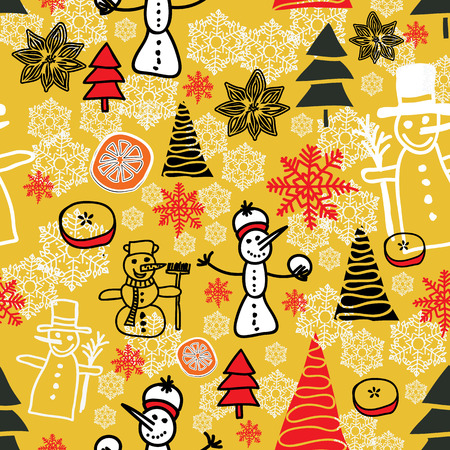 Mustard  christmas pattern with snowmen, snowflakes, apples, spice, christmas treesのイラスト素材