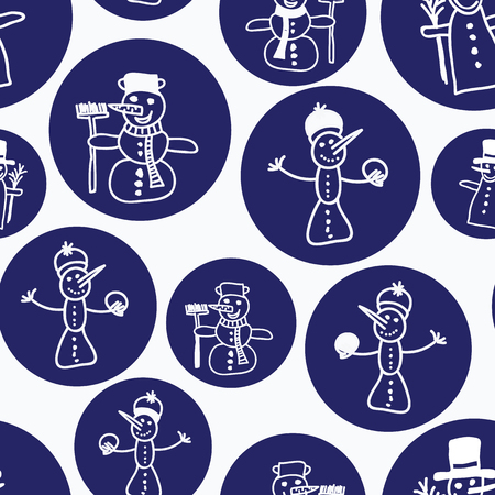 White snowman in blue snowballs seamless patternのイラスト素材
