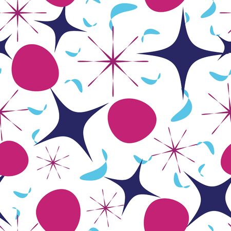 Vector pattern with chaotic four-corner stars, organic shapes, stars in lila, blue and navy color on white background.のイラスト素材
