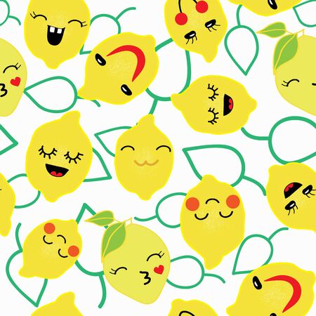 Vector lemon with cute black eyes seamless pattern fruit with emotional faces and green leaves outlines seamless patternのイラスト素材