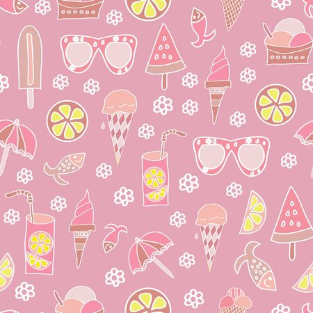 Vintage fresh hand drawn summer articles like ice creams, lemons, sunglasses, fish, lemonade vector...