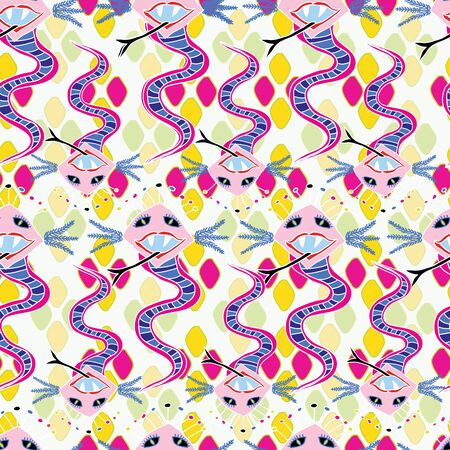 Vector pattern with snake or dragon with big eyes, eyebrows, vibrant colors. Snake skin cells on the white background.のイラスト素材