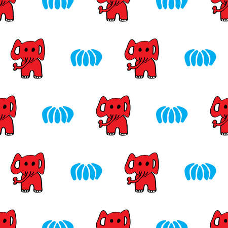 Cute seamless pattern, red elehants and blue bananas. Hand drawn.の写真素材
