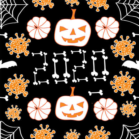 Hand drawn pumpkins. Funny pumpkins. Decorating for the holidays, autumn decor, spider web, bones, 2020, bat. Vector illustration.Elegant white, oranee and black combination. Seamless vector pattern.のイラスト素材