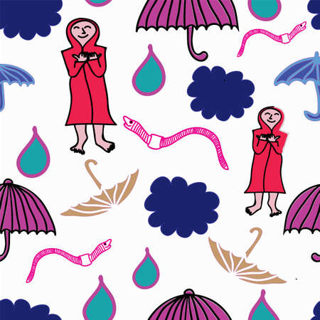 Vector seamless pattern, open umbrellas, pink earthwurms, blue clouds and thankfull person in red coat with hands as a bowl. Rain drops.のイラスト素材