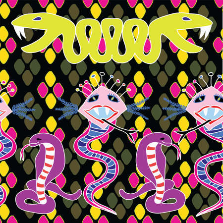 Vector pattern with snake or dragon with big eyes, eyebrows, vibrant colors. Big yellow snake with...