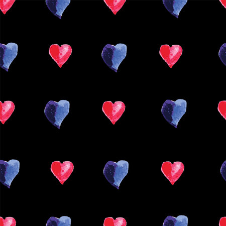 Blue and red watercolor hearts on black background. Seamless vector pattern.のイラスト素材