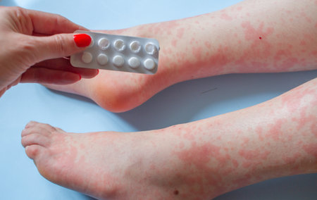 Hand giving a medicine and feet of a teenager with skin rush on light blue background, medical photo