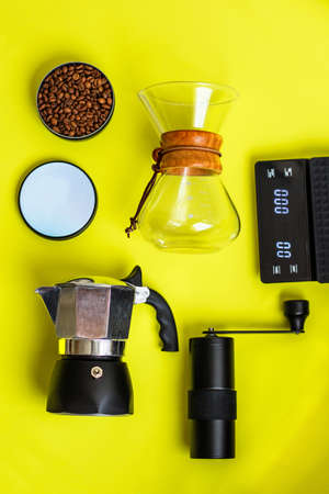 Top view coffee kit yellow tableの写真素材