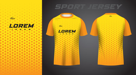 yellow shirt soccer football sport jersey template design mockup. Soccer jersey template for sportswear. Yellow and orange polka dot pattern.のイラスト素材