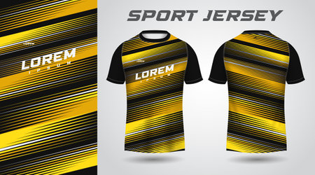 yellow shirt soccer football sport jersey template design mockup. Soccer jersey template for football kit or soccer uniform. Yellow and black pattern on the t-shirt.のイラスト素材