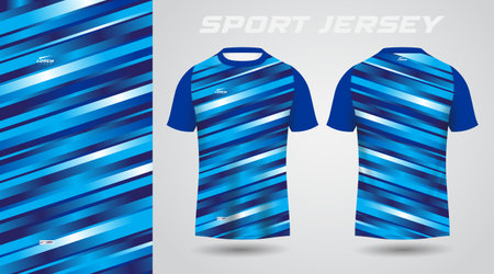 blue shirt soccer football sport jersey template design mockup. Soccer jersey template for football kit or sports uniform. Blue t-shirt mockup with stripe pattern.のイラスト素材